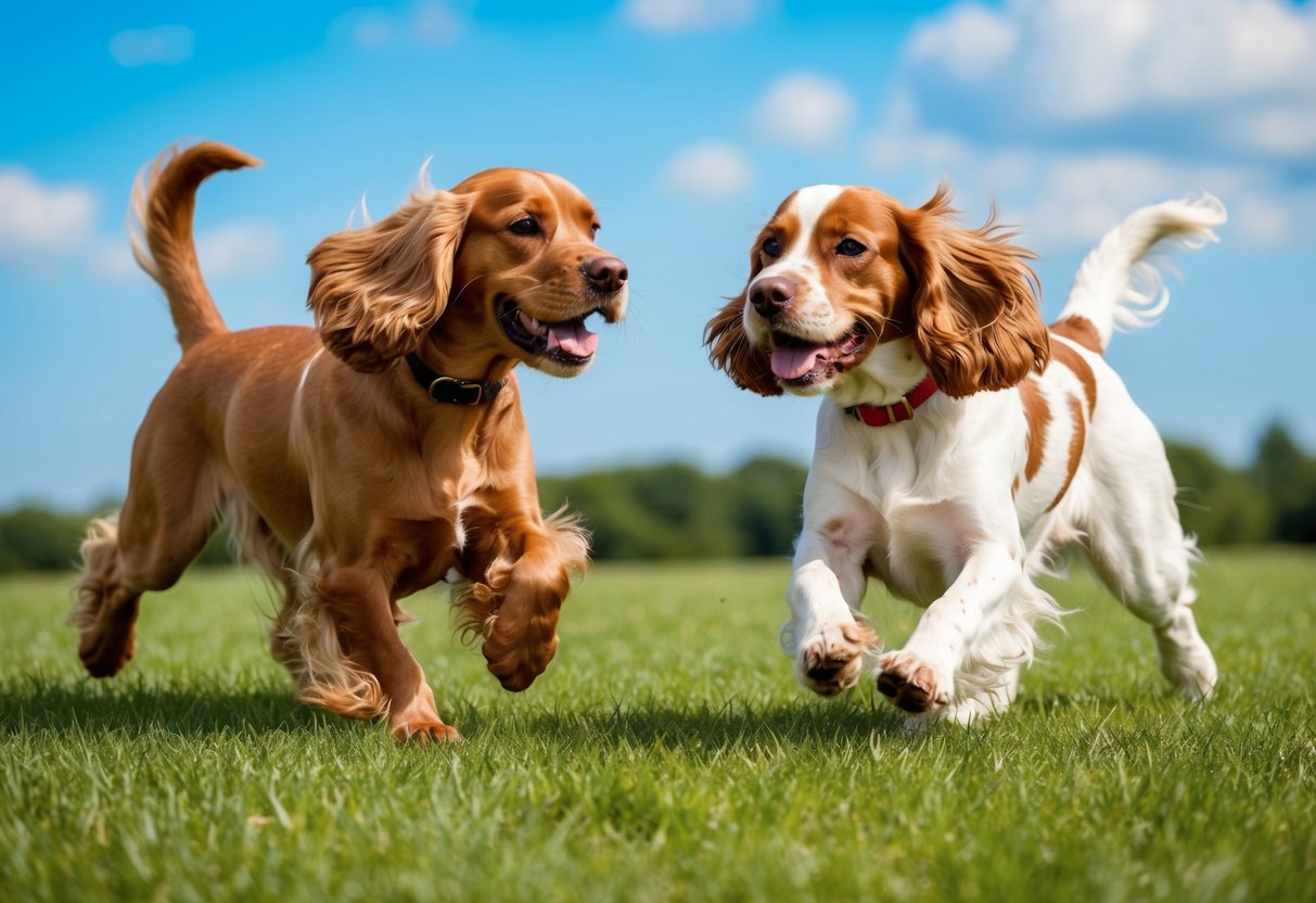 Two cocker spaniels, one with a solid coat and the other with a spotted coat, playfully chasing each other in a grassy field with a bright blue sky above