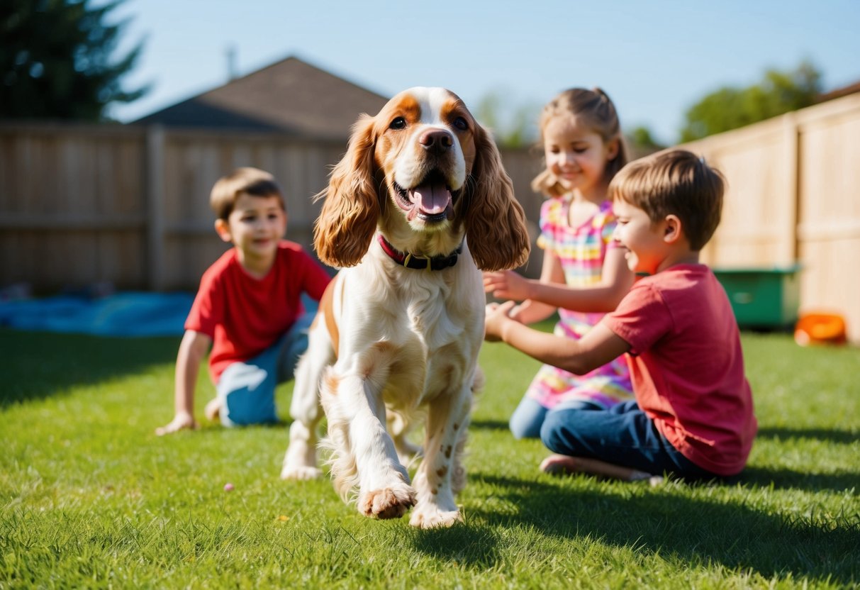 A happy cocker spaniel playing with children in a sunny backyard