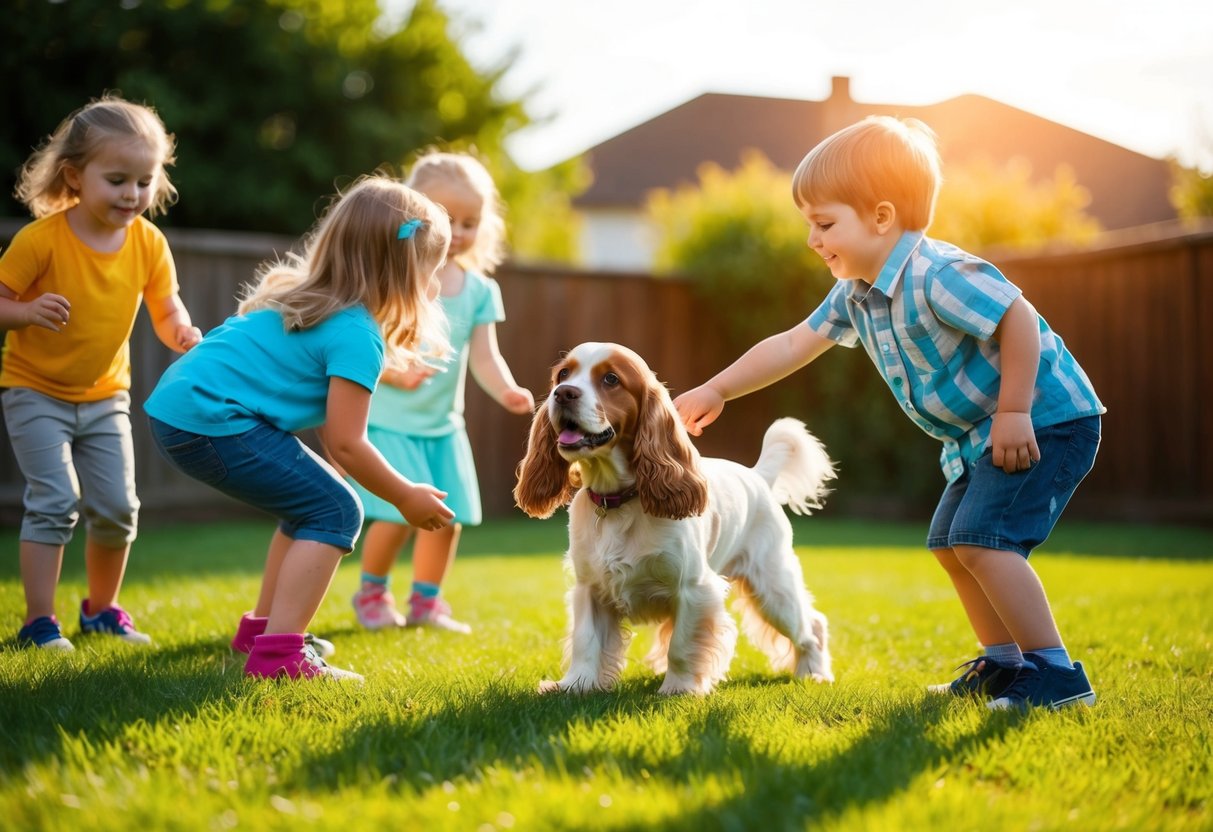 A Cocker Spaniel plays with children in a sunny backyard, wagging its tail and showing affection