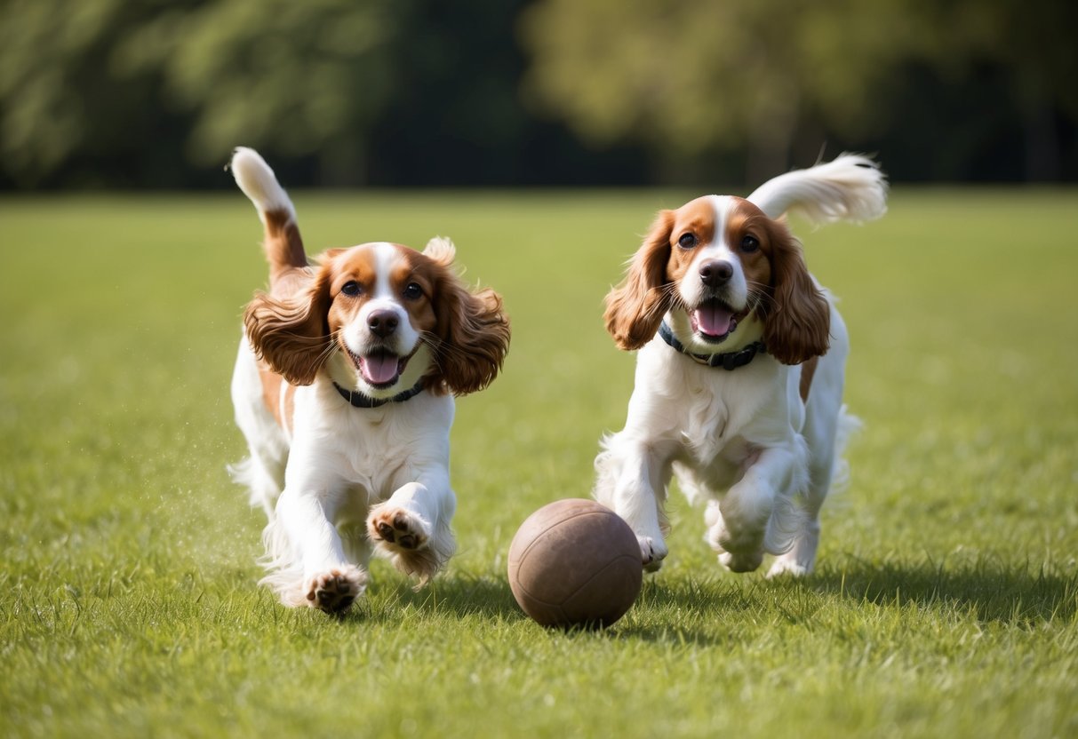Two cocker spaniels playing in a grassy field, one chasing a ball with excitement while the other calmly sniffs around