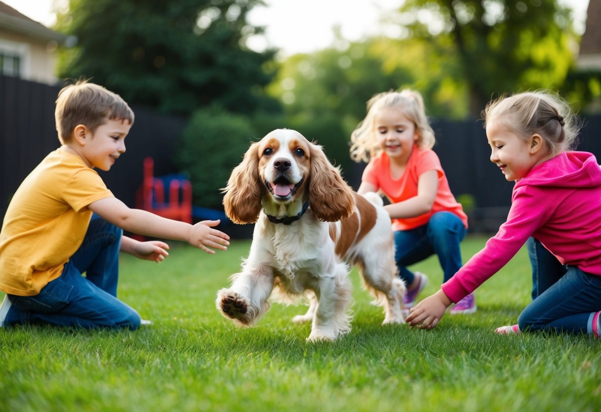 A happy Cocker Spaniel playing with children in a backyard