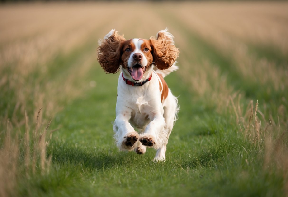 A Cocker Spaniel running through a field, ears flapping, tail wagging, and tongue hanging out in excitement