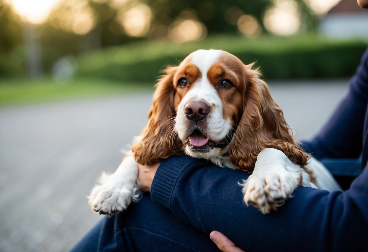 A happy cocker spaniel being gently cradled in someone's arms, looking content and relaxed