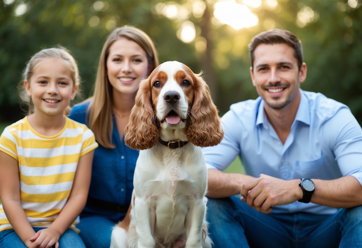 A Cocker Spaniel sitting next to a smiling family, wagging its tail
