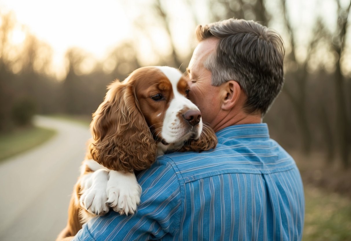A Cocker Spaniel nuzzles into the arms of its owner, tail wagging happily, as they are held close, showing their affectionate nature