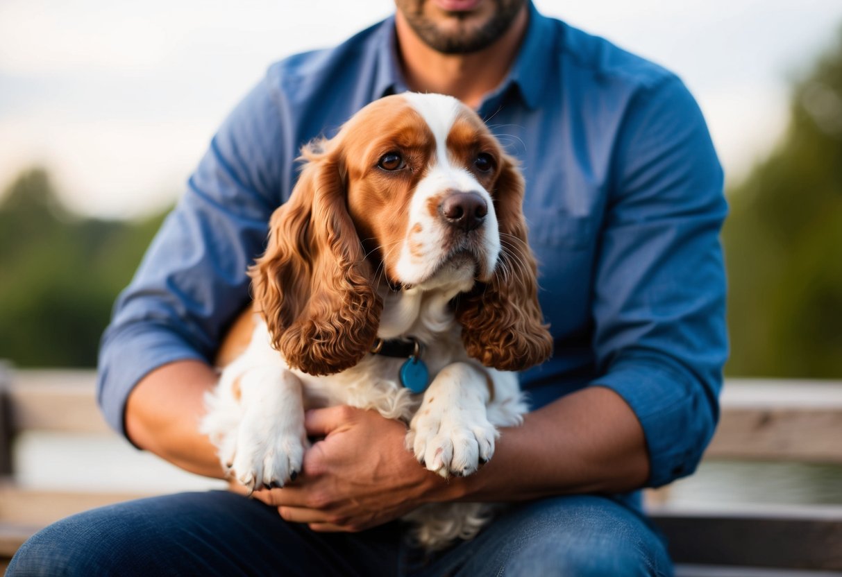 A cocker spaniel sits comfortably in someone's arms, wagging its tail and looking content as it is being held