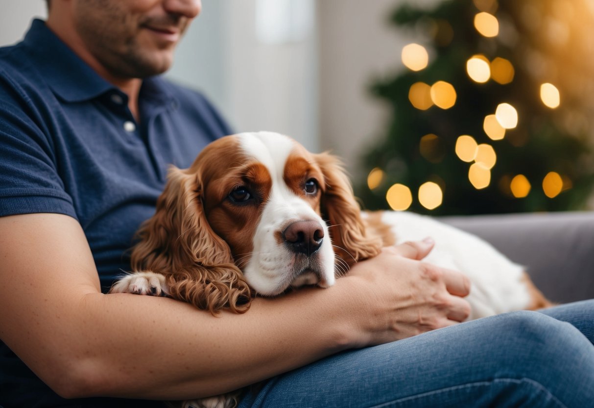 A Cocker Spaniel nestled in the arms of its owner, looking content and relaxed
