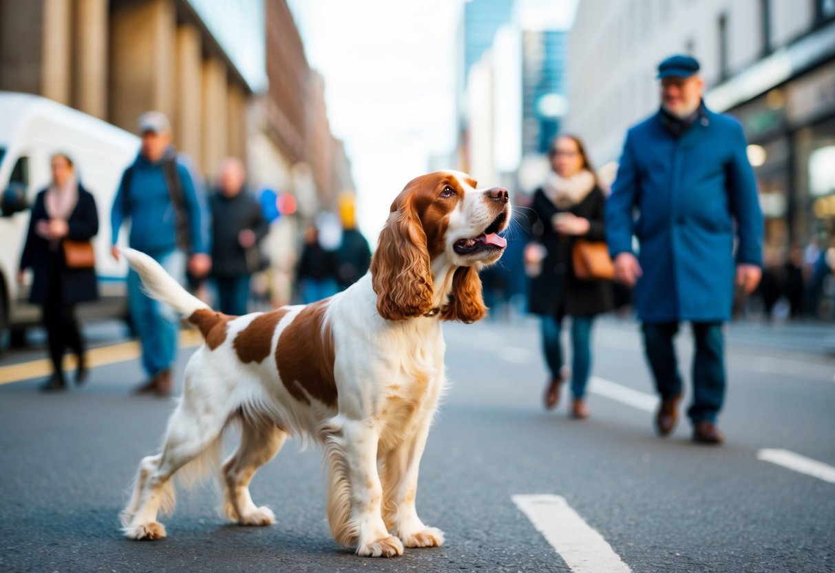 A cocker spaniel barking at various people passing by on a busy street