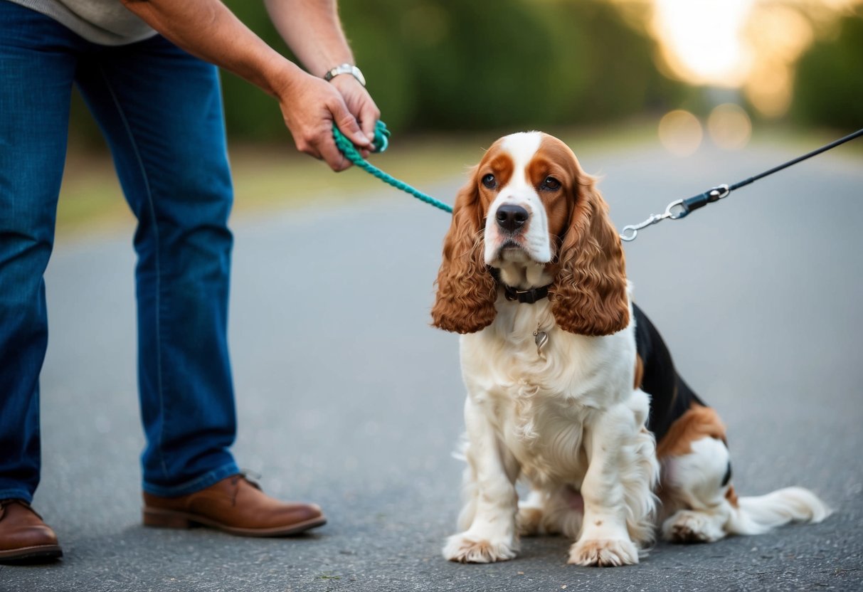 A cocker spaniel sits quietly as its owner uses positive reinforcement to redirect its attention away from barking at strangers