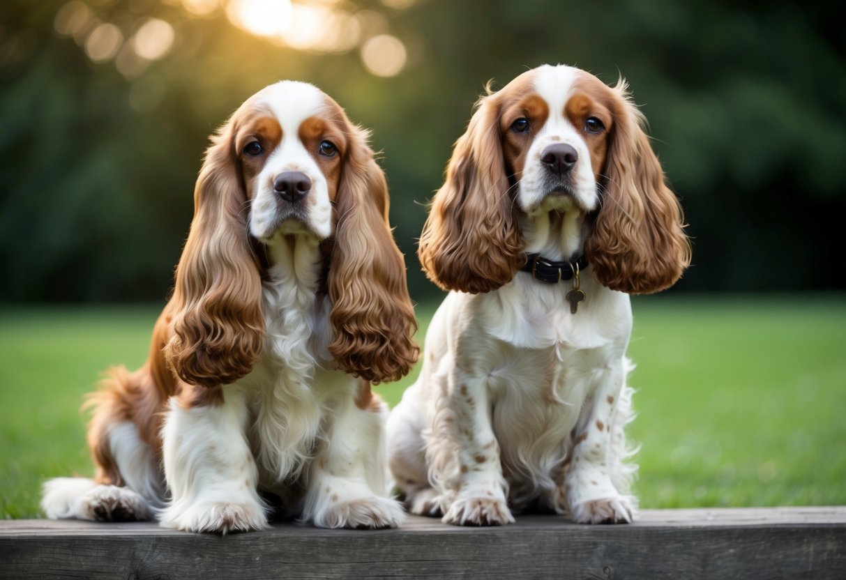 A cocker spaniel with long, silky ears and a rounded head sits next to a springer spaniel with a more athletic build and feathered coat