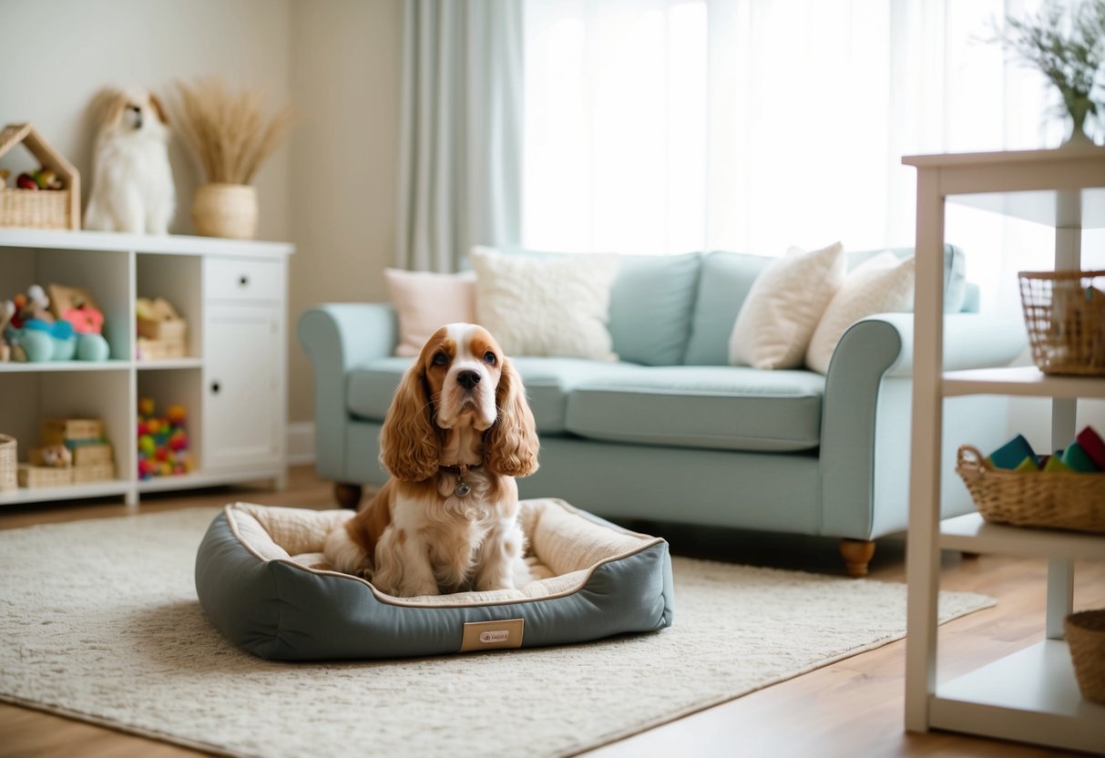 A serene living room with soft lighting, a cozy dog bed, and organized shelves of toys and treats. A calm Cocker Spaniel sits quietly, surrounded by a peaceful and structured environment