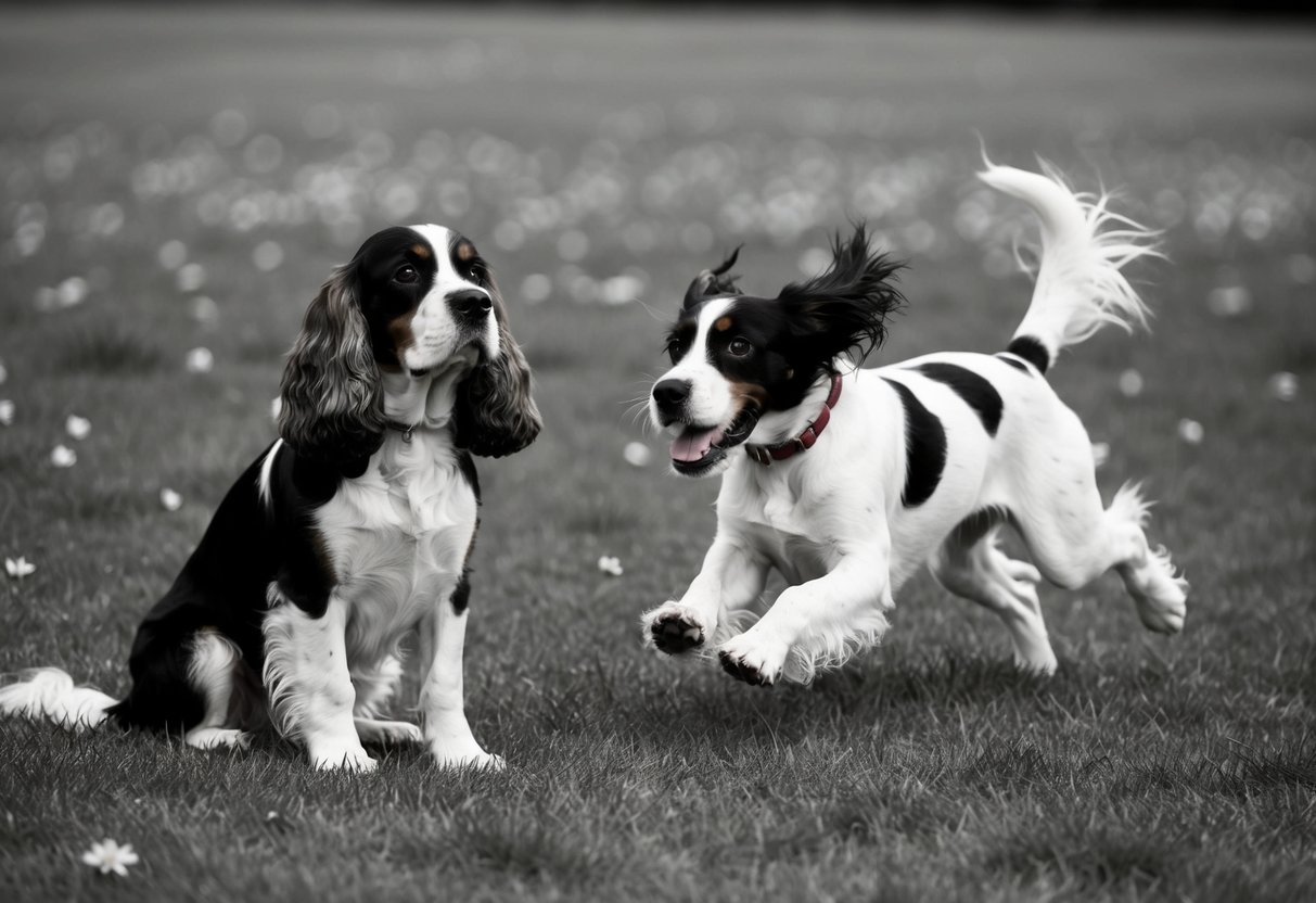 A cocker spaniel sits calmly, while a springer spaniel bounds energetically through a field