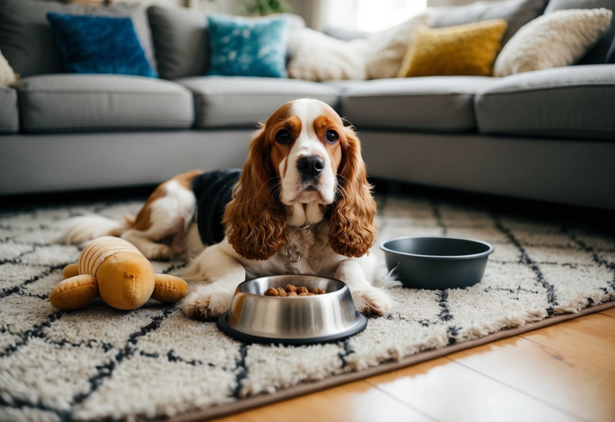 A cocker spaniel lounges on a cozy living room rug, surrounded by plush toys and a food bowl. The dog looks content and relaxed, fitting in perfectly as a house pet