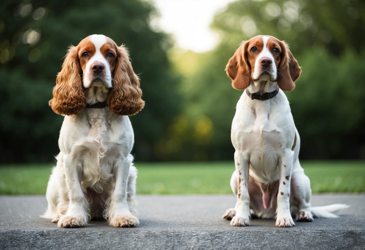 A cocker spaniel and a springer spaniel standing side by side, showcasing their differences in size, coat color, and facial features