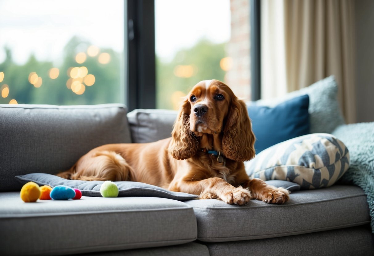 A Cocker Spaniel lounges on a cozy couch, surrounded by toys and a comfy bed, looking content as it gazes out the window