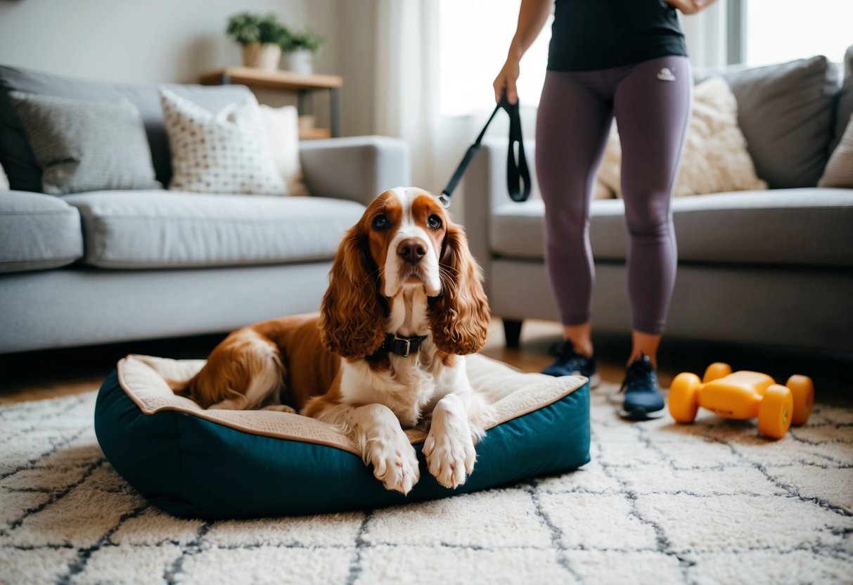 A cocker spaniel lounges in a cozy living room, surrounded by toys and a comfy dog bed. A person in workout clothes holds a leash, ready for a walk