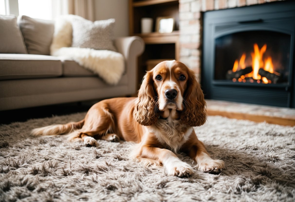 A cozy living room with a cocker spaniel lounging on a plush rug near a crackling fireplace