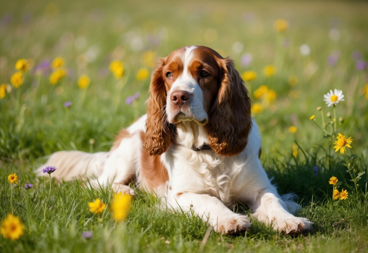 A lively working cocker spaniel rests peacefully in a sunlit meadow, surrounded by wildflowers and a gentle breeze