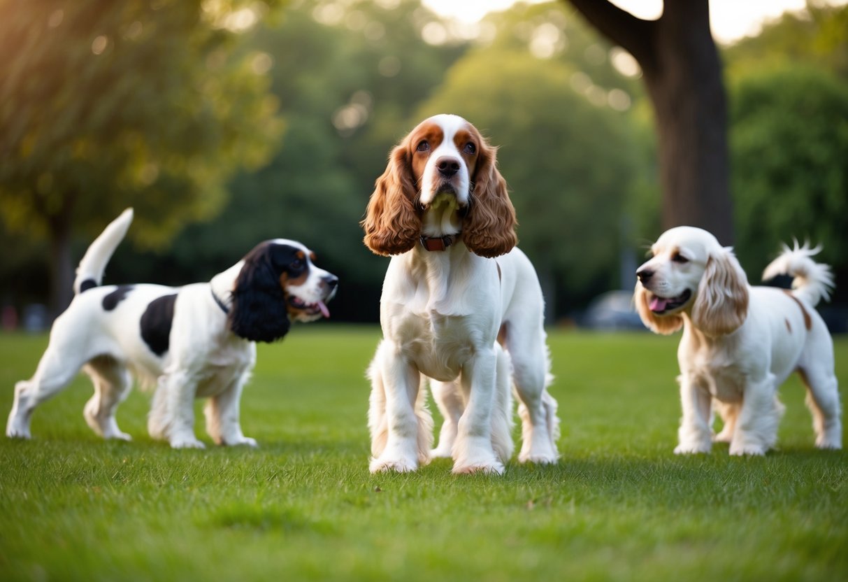 A Cocker Spaniel stands confidently, ears perked and tail wagging, as it interacts peacefully with other dogs in a park setting