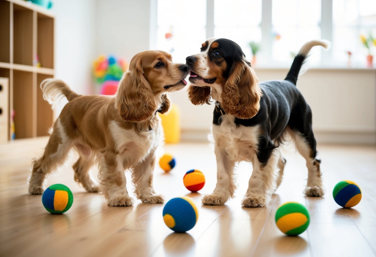 Two show cocker spaniels playfully interacting in a spacious, well-lit room with toys scattered around. One dog is gently nipping at the other's ear while wagging its tail