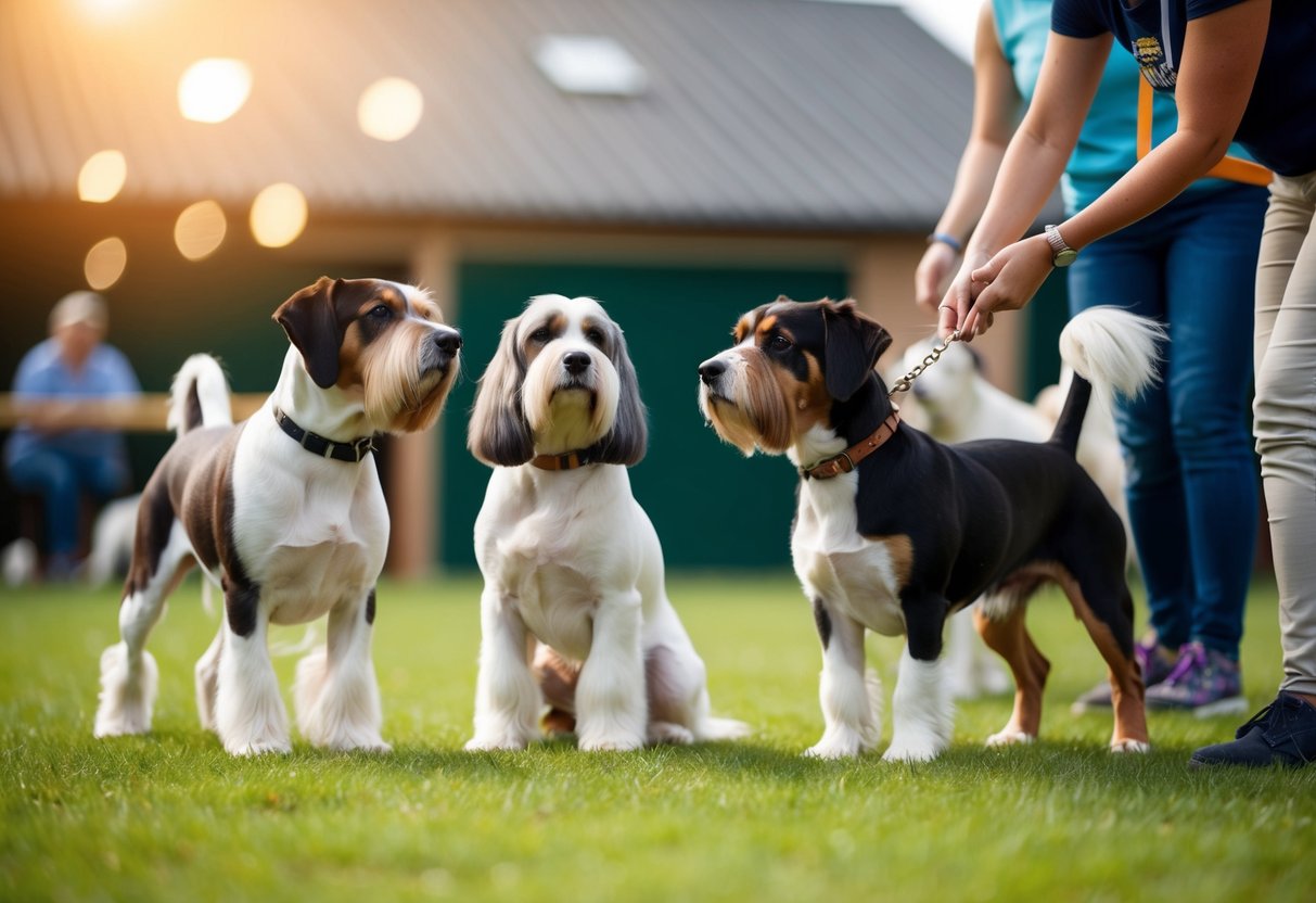Two show cockers interact peacefully with other dogs at a training class, while their owners engage in socialization strategies