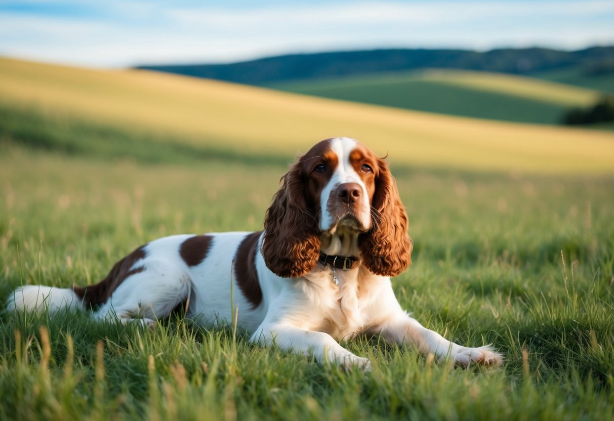 A serene working cocker spaniel lounges in a peaceful meadow, surrounded by gentle rolling hills and a clear blue sky