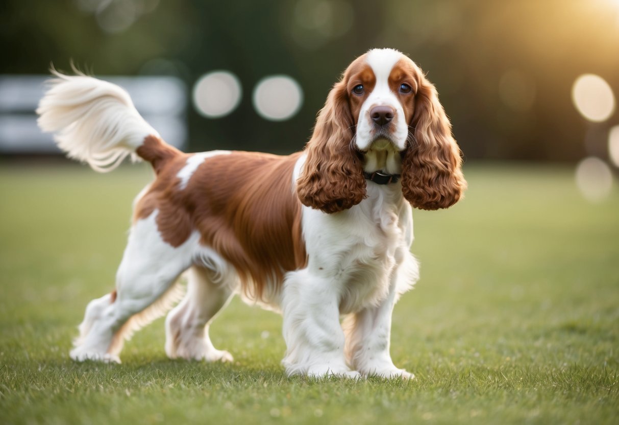 A show Cocker Spaniel stands confidently, tail wagging, surrounded by a calm and friendly atmosphere
