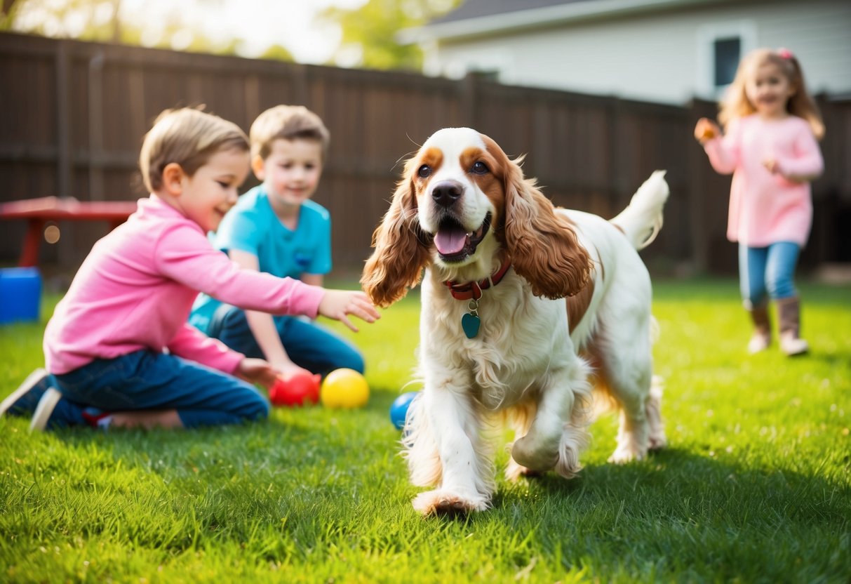 A happy cocker spaniel playing with children in a backyard