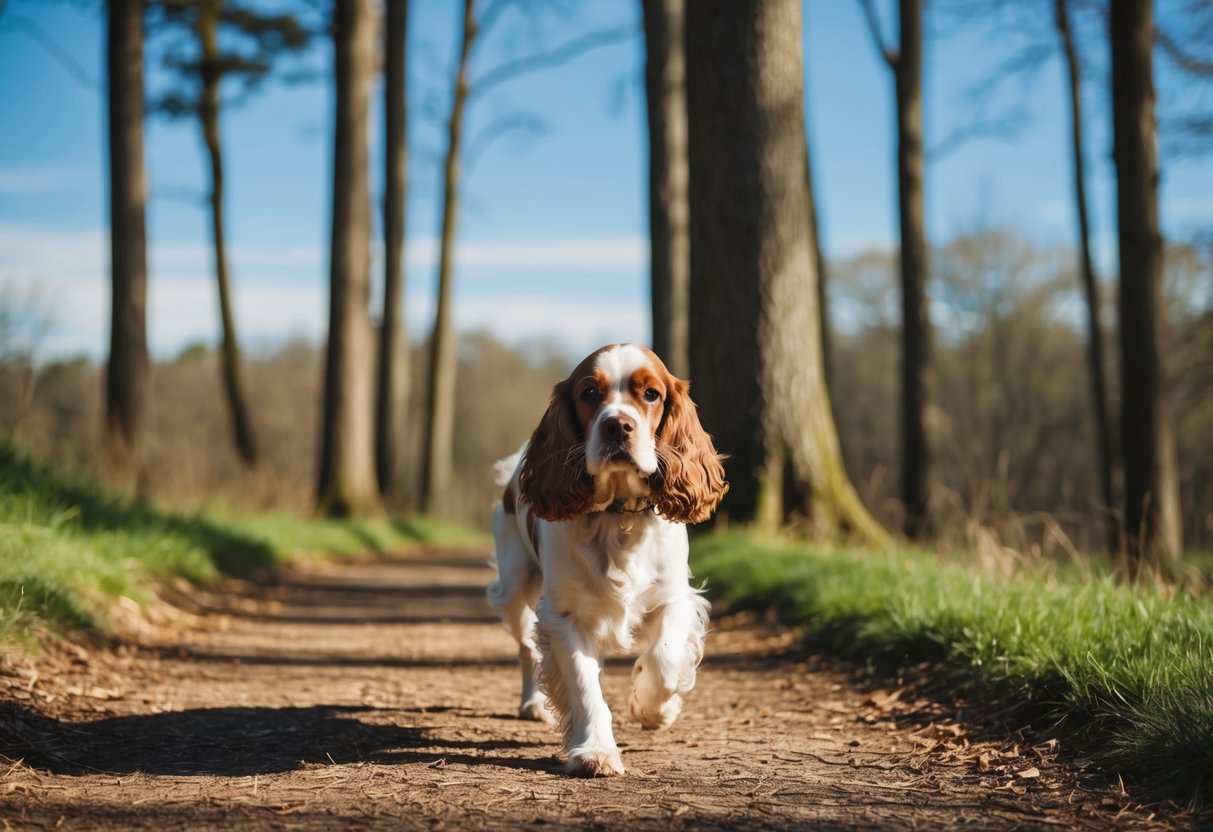 A cocker spaniel walks on a wooded path, surrounded by tall trees and a clear blue sky above
