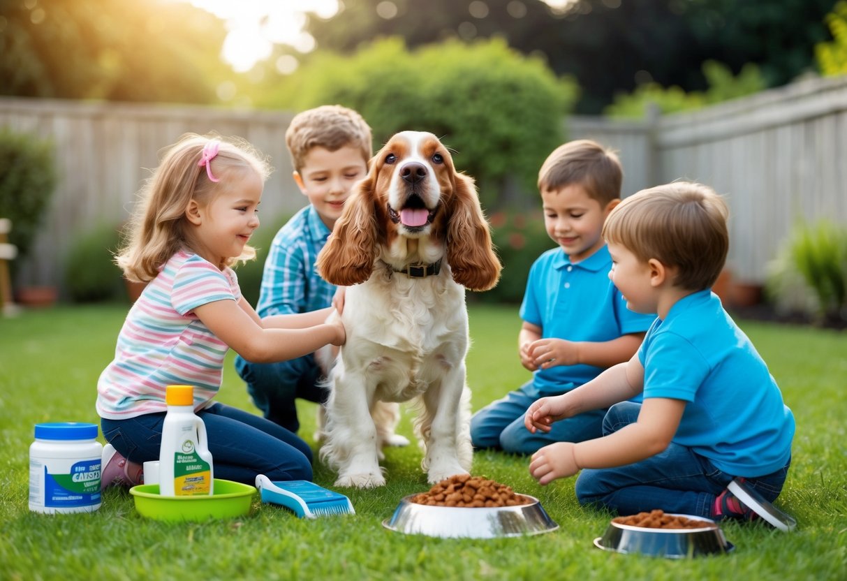 A happy cocker spaniel playing with children in a well-groomed backyard setting, surrounded by grooming supplies and healthy dog food