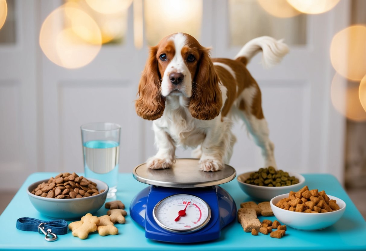 A cocker spaniel stands on a scale, surrounded by various dog food and treats. A bowl of water and a leash are nearby