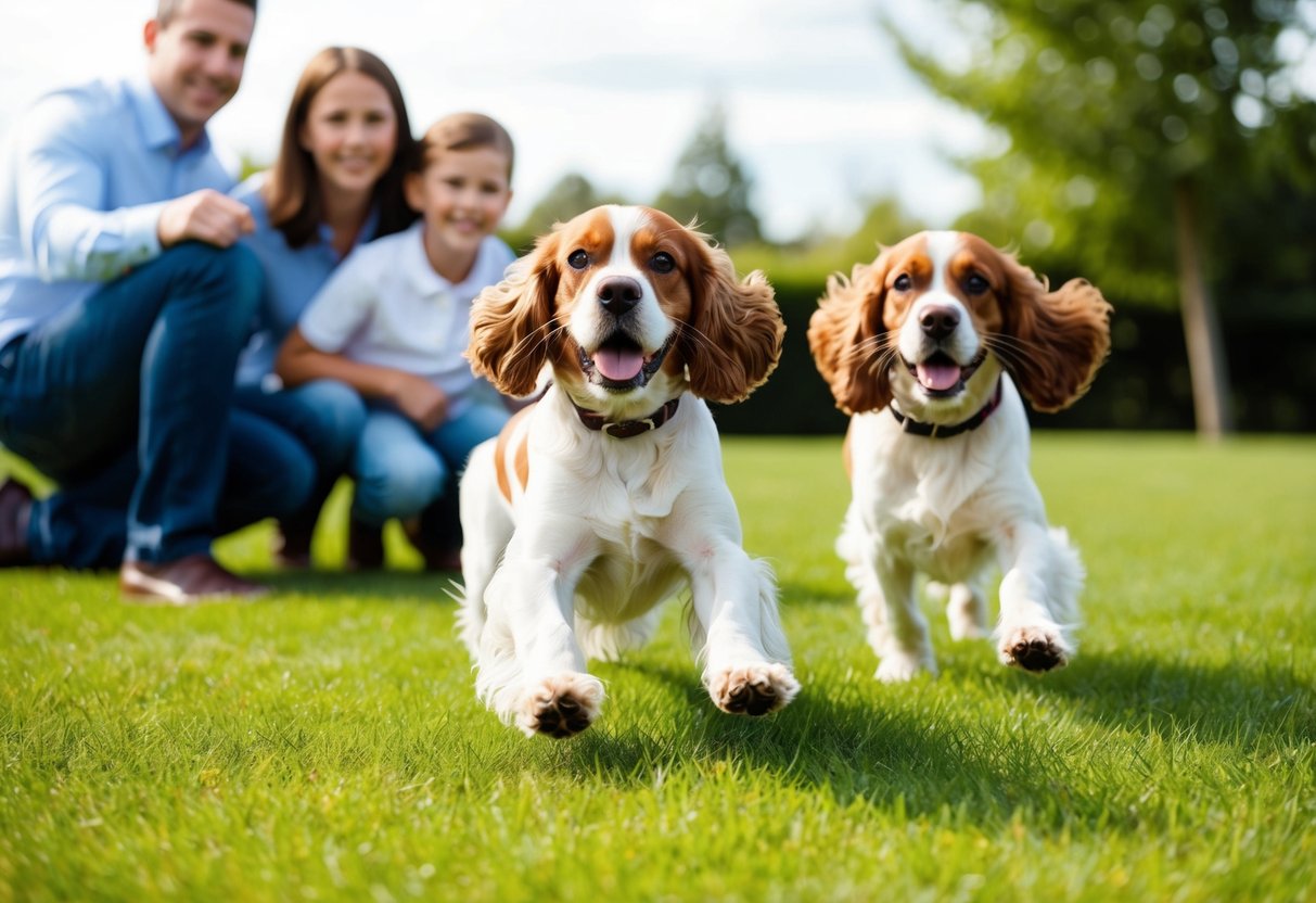 Two cocker spaniels playing in a grassy yard with a family, showing their friendly and active nature