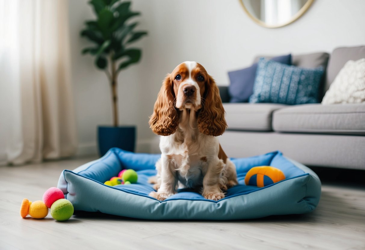 A cocker spaniel sits calmly during a behavioral training session, surrounded by toys and a comfortable bed, creating a peaceful and nurturing environment for emotional well-being