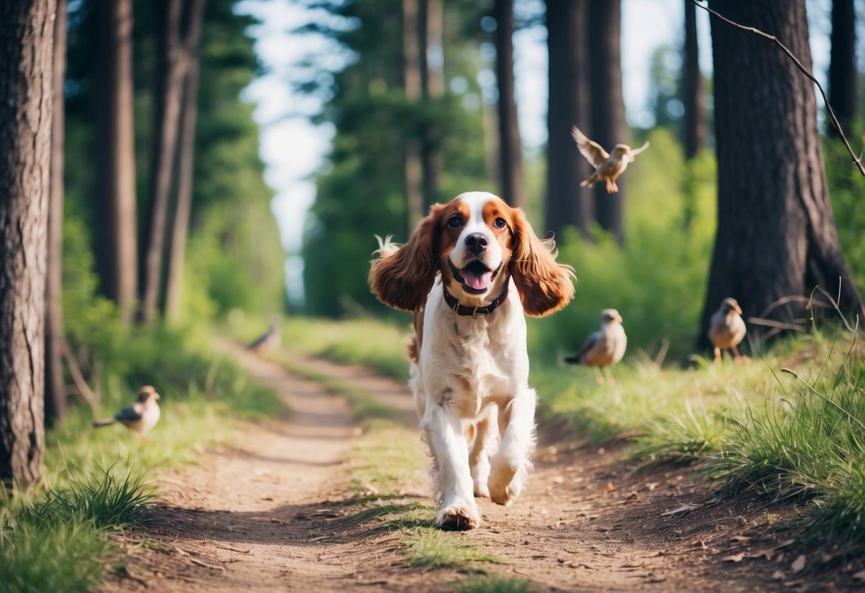 A Cocker Spaniel happily walks along a winding forest trail, surrounded by tall trees and chirping birds. The dog's tail is wagging, and its ears are perked up in excitement