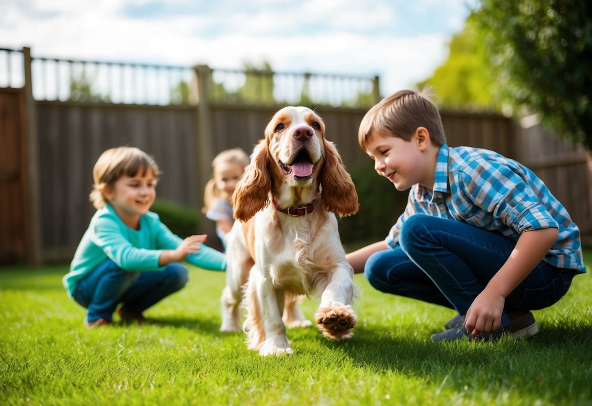 A happy Cocker Spaniel playing with children in a backyard