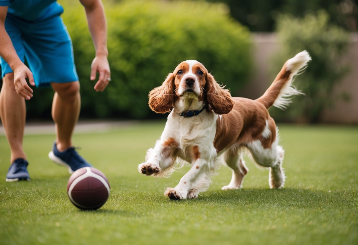 A cocker spaniel plays fetch in a spacious backyard, chasing after a ball thrown by its owner