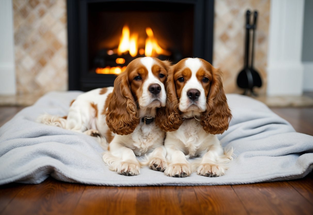 Two cocker spaniels snuggled together on a soft blanket by a crackling fireplace