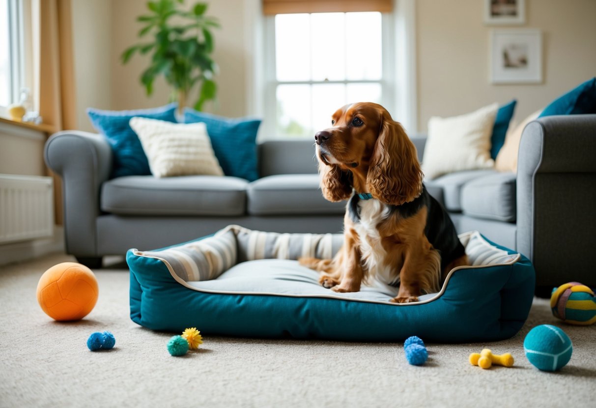 A cozy living room with a comfortable dog bed and toys scattered around. A cocker spaniel sits contentedly, looking out a window