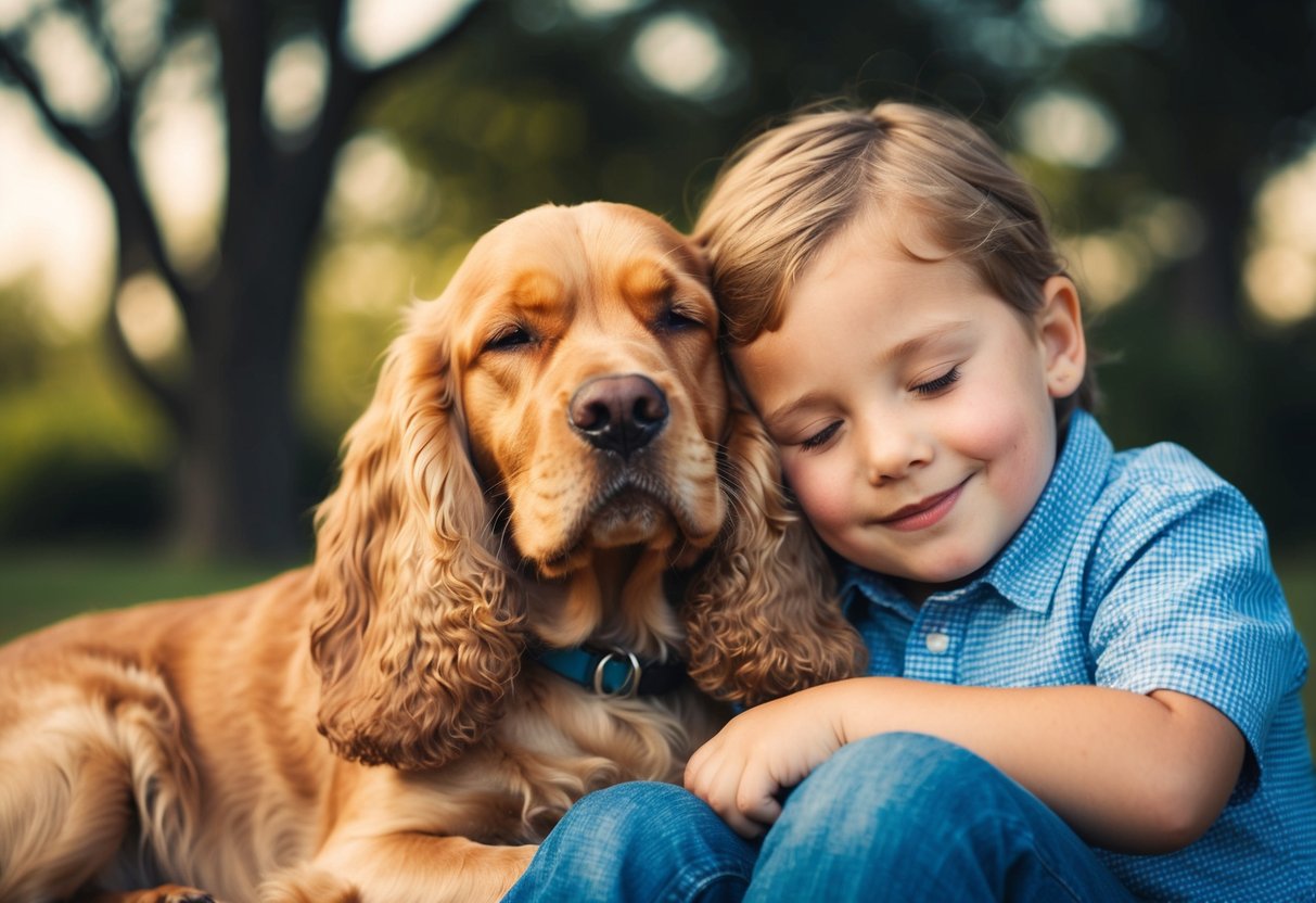 A golden cocker spaniel snuggles up to a child, resting its head on the child's lap, both with contented expressions