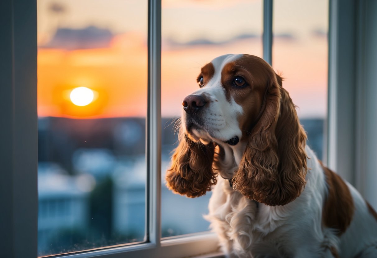 A Cocker Spaniel sits by the window, looking out with longing eyes as the sun sets outside, waiting for its owner to return