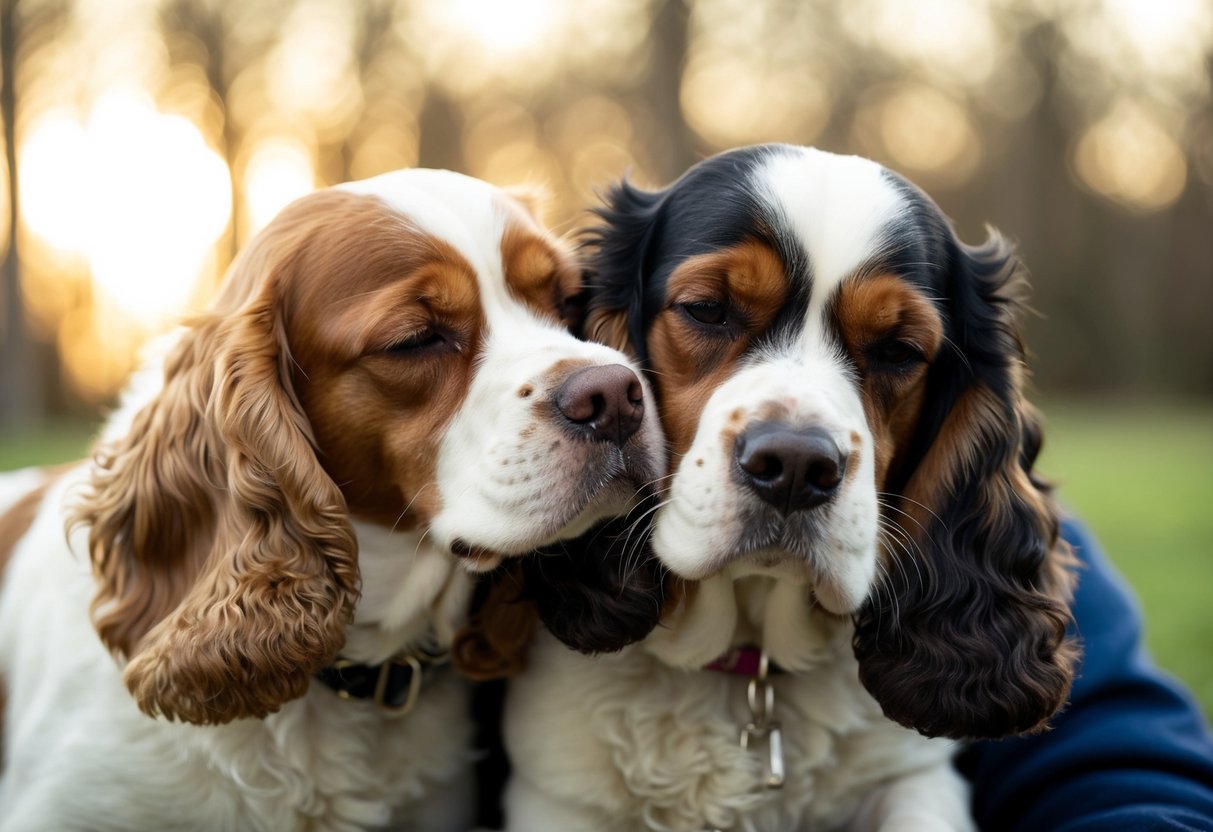 A show cocker spaniel snuggles up to its owner, wagging its tail and nuzzling affectionately