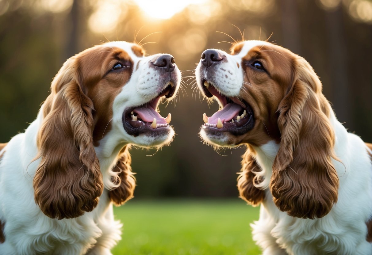 Two cocker spaniels growling at each other, showing teeth, with raised fur and aggressive body language