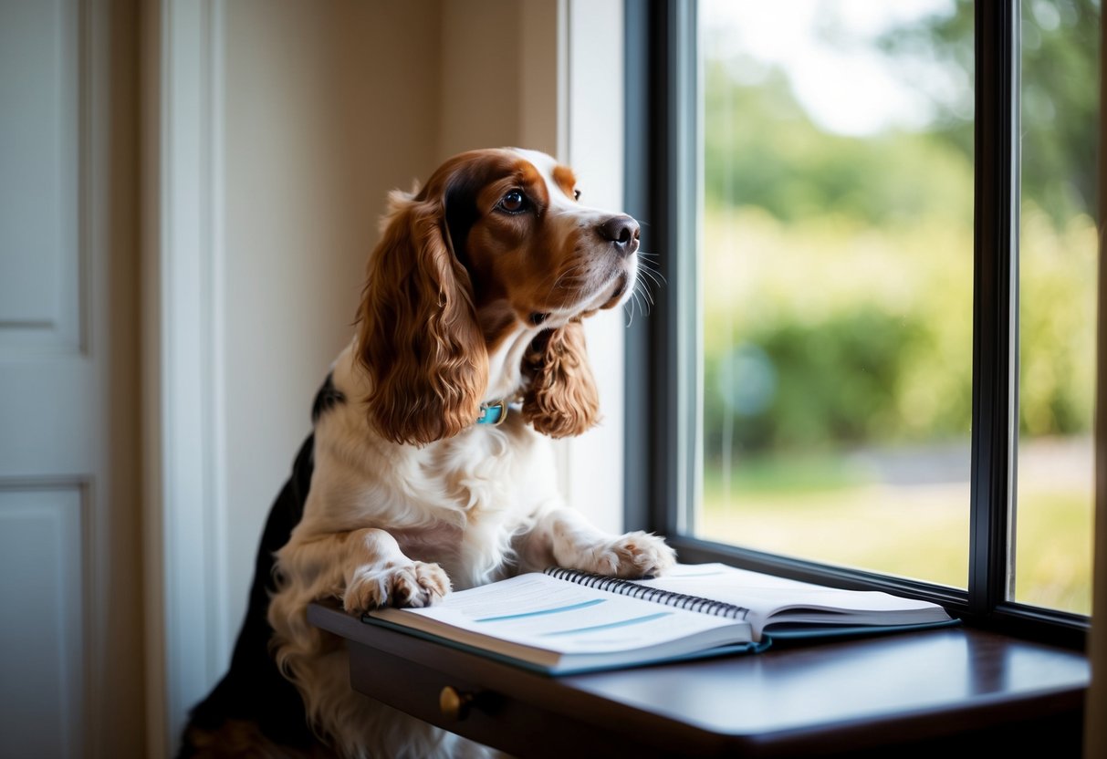 A cocker spaniel sits patiently by the front door, gazing out the window, while a training manual lies open on the table