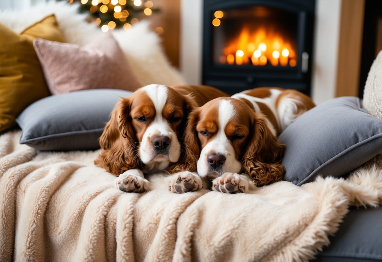 Two cocker spaniels snuggled together on a soft, plush blanket surrounded by fluffy pillows and a warm, glowing fireplace