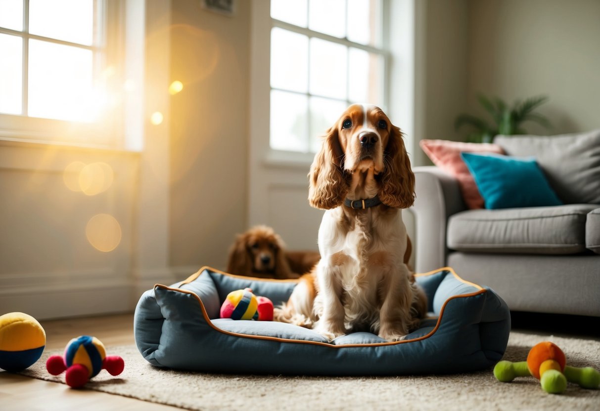 A cocker spaniel sits alone in a cozy living room, surrounded by toys and a comfortable bed. The sunlight streams in through the window, casting a warm glow over the contented dog