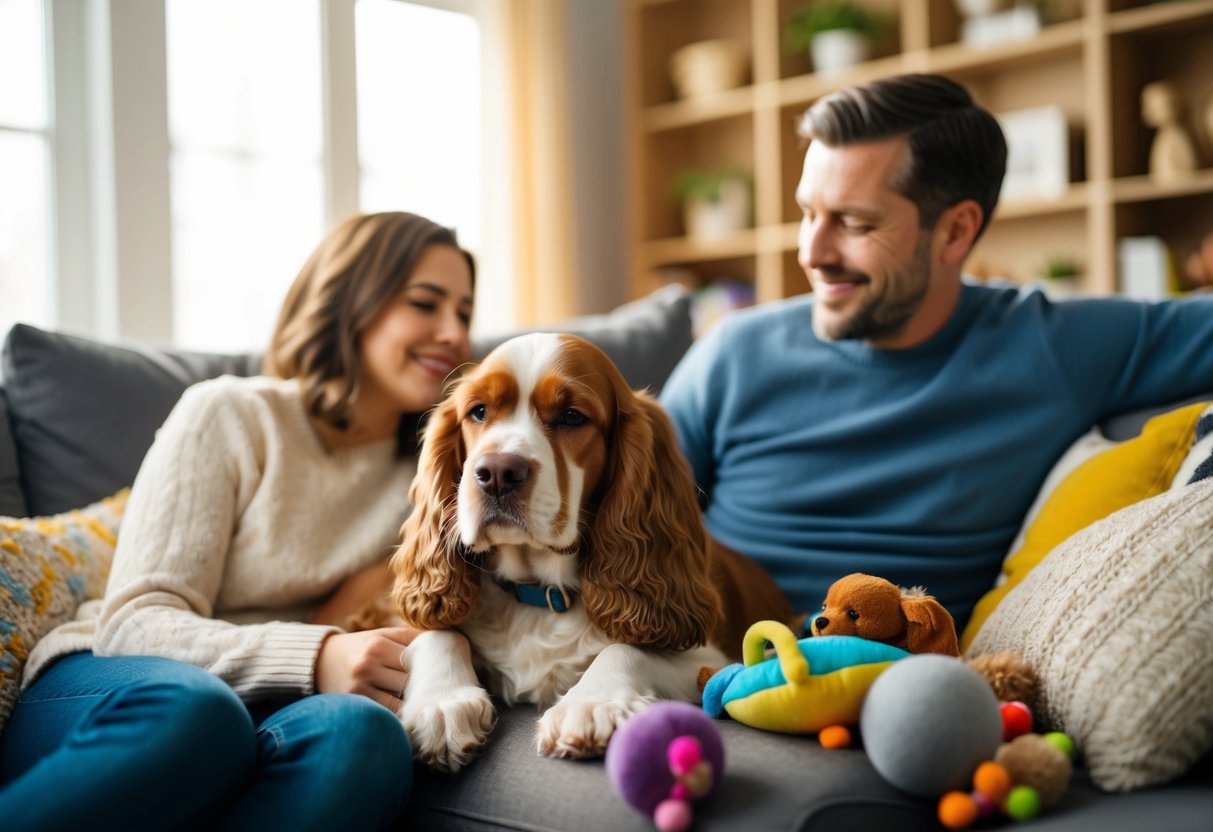 A cocker spaniel snuggles on a cozy couch with a family, surrounded by toys and a warm, homey atmosphere