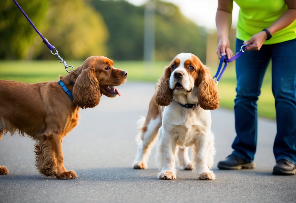 Two cocker spaniels are on leashes, one growling at another dog. A trainer stands nearby, using positive reinforcement techniques