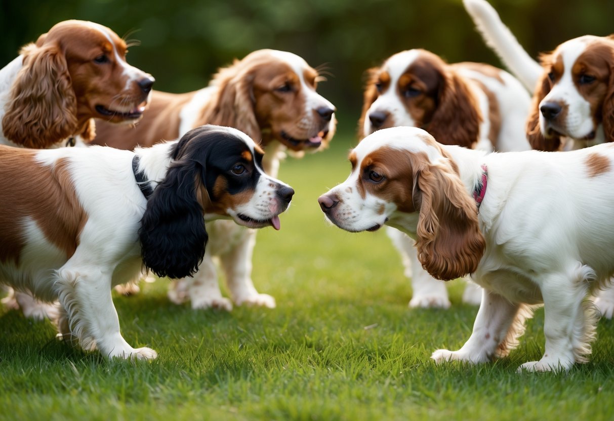 Two cocker spaniels approach a group of other dogs cautiously, their tails wagging and ears perked up. The other dogs seem relaxed and friendly, sniffing each other's noses