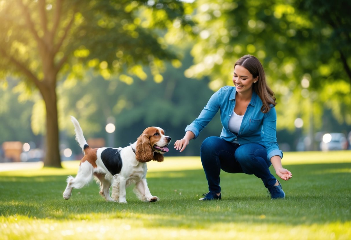 A smiling person playing fetch with a happy cocker spaniel in a sunny park