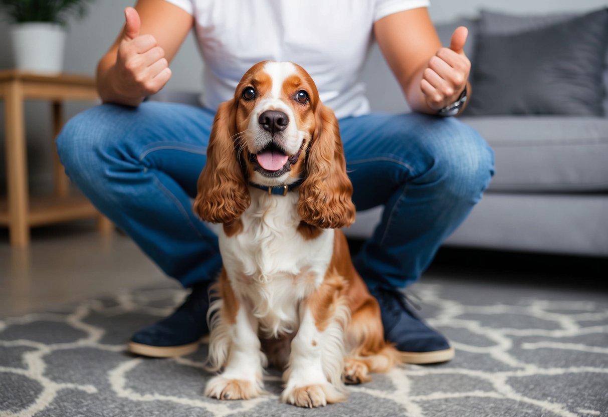 A smiling Cocker Spaniel eagerly sits at the feet of a content first-time owner, wagging its tail in excitement